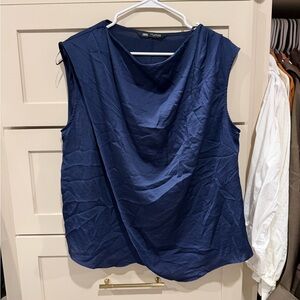 Zara Sleeveless Navy Draped Neck Blouse